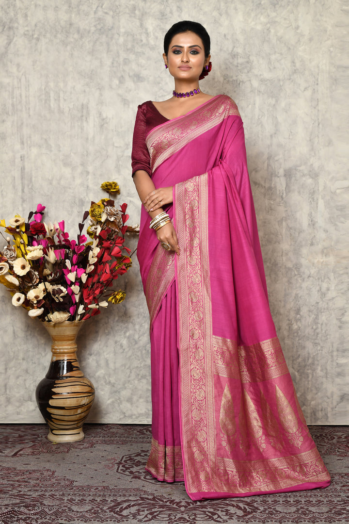 Pure chinia silk saree with broad border & plain body