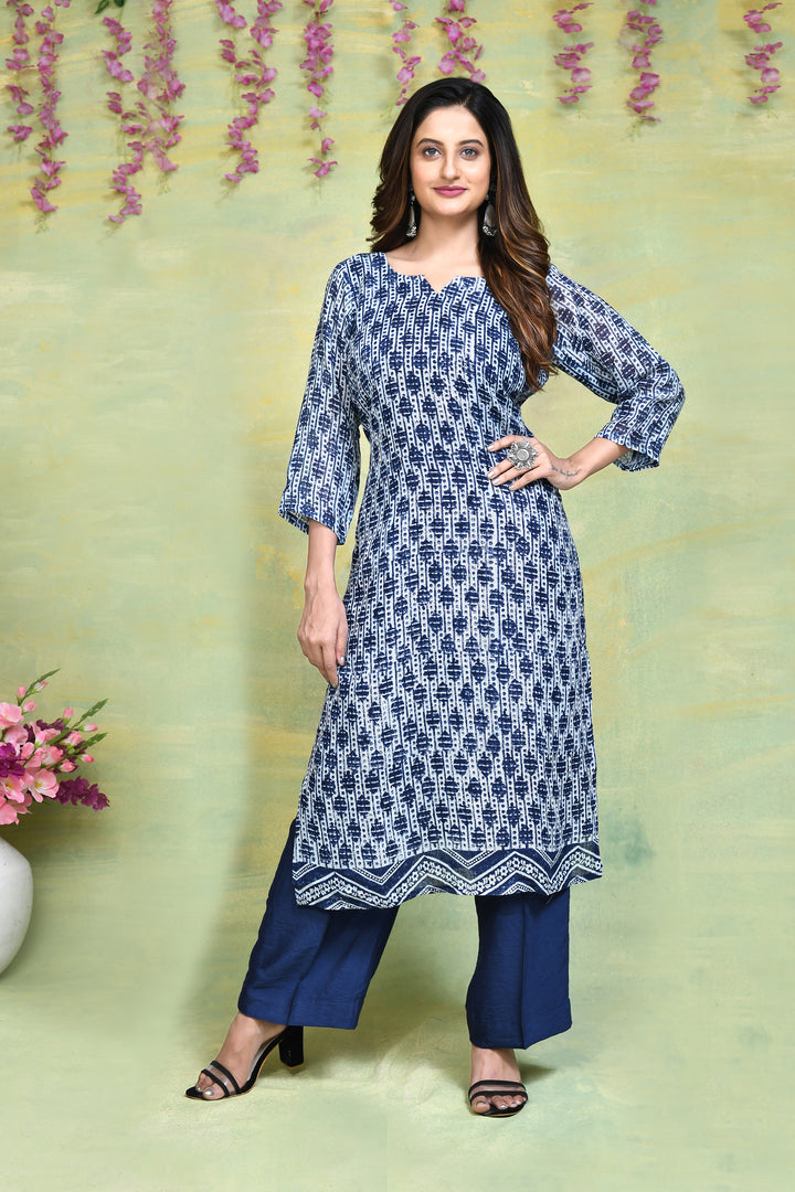 Linen handblock printed straight kurta & bottom set