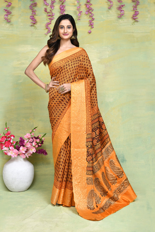 Light orange Bagh print Dola silk saree