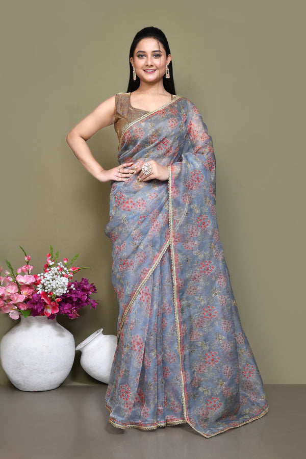 Floral print embroidered pure organza saree