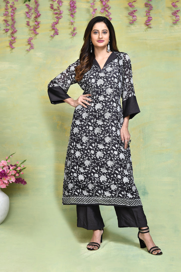 Linen handblock printed straight kurta & bottom set