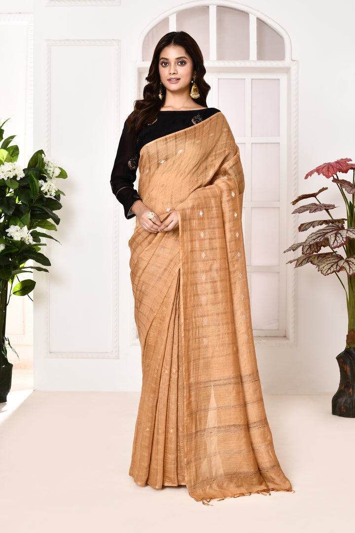 Munga silk golden stripes saree with handblock printed blouse