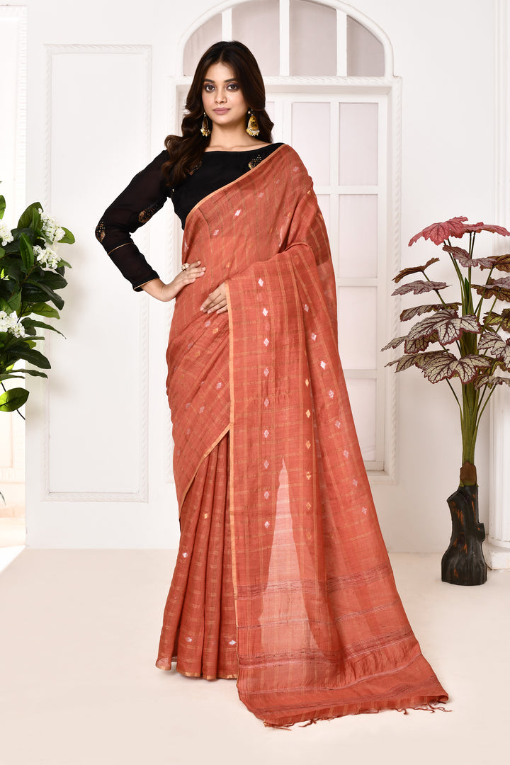 Munga silk golden stripes saree with handblock printed blouse