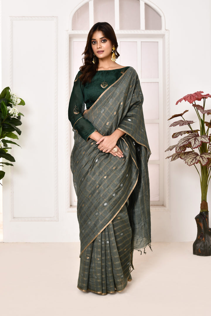 Munga silk golden stripes saree with handblock printed blouse