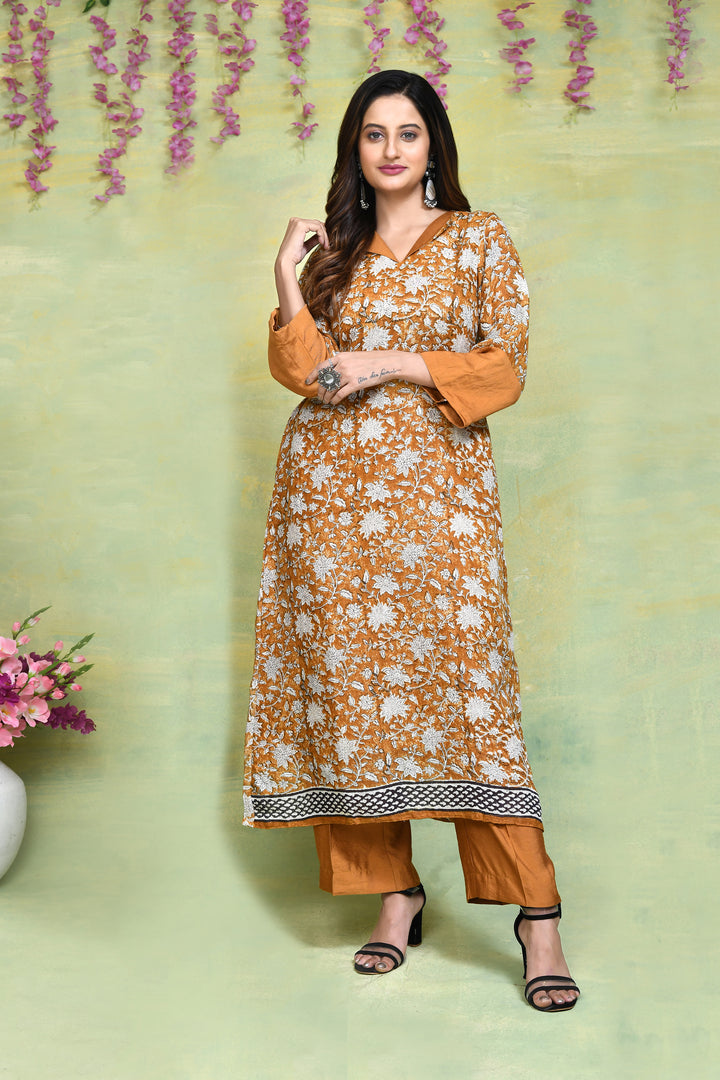 Linen handblock printed straight kurta & bottom set