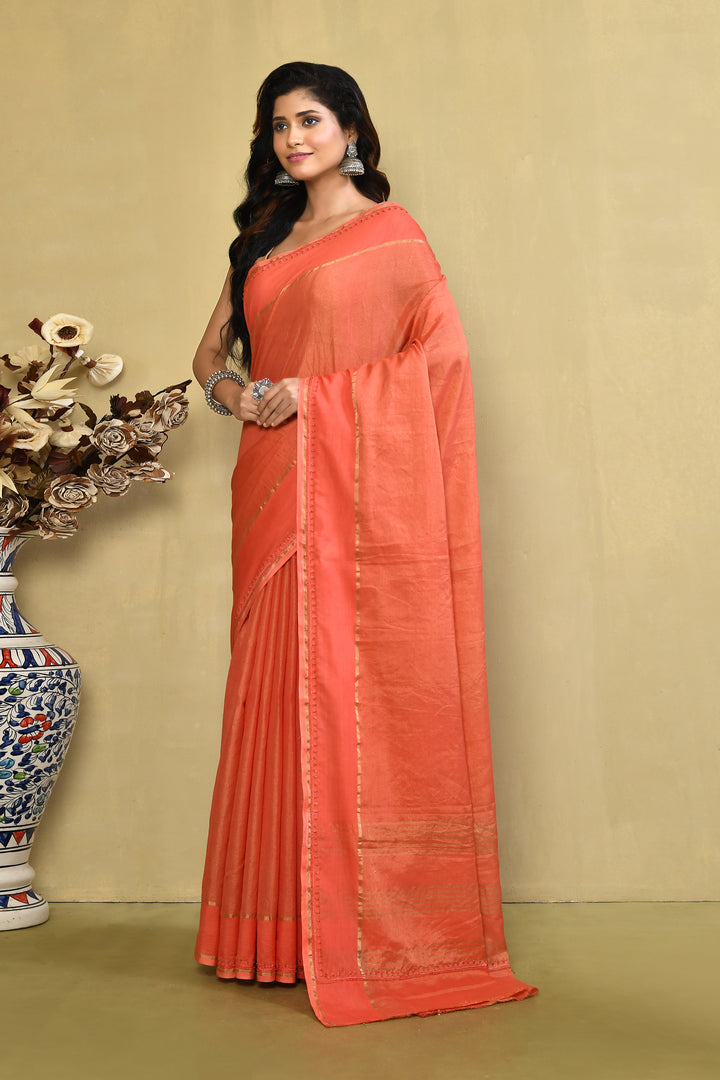 Pure linen handloom embroidered saree with banarasi weaving