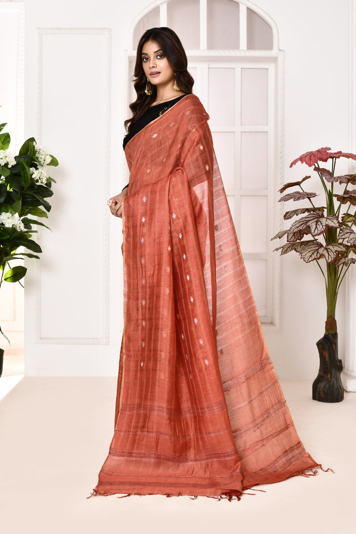 Munga silk golden stripes saree with handblock printed blouse