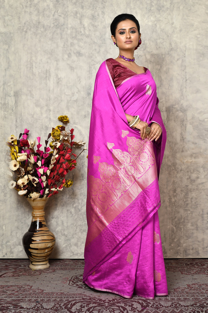 Pure Munga silk handloom saree with thin border & Banarasi kadwa booti