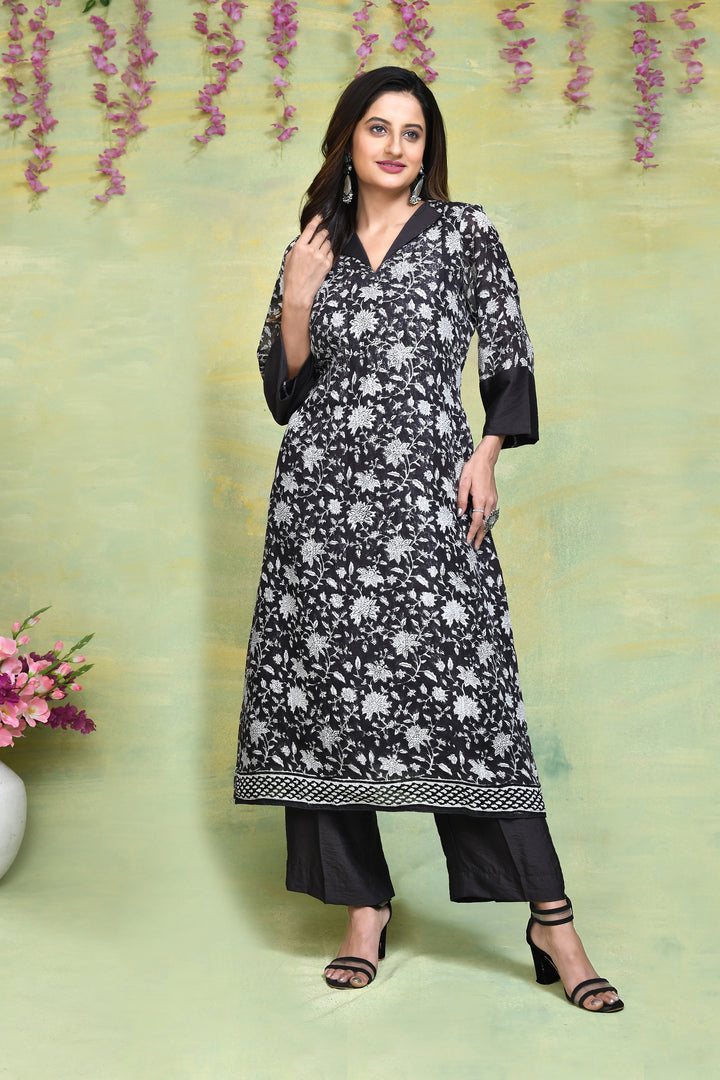 Linen handblock printed straight kurta & bottom set