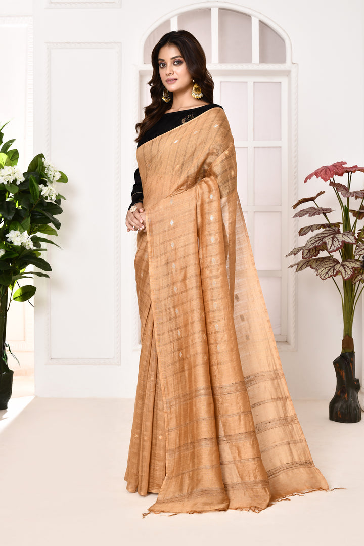 Munga silk golden stripes saree with handblock printed blouse