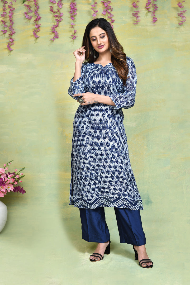 Linen handblock printed straight kurta & bottom set