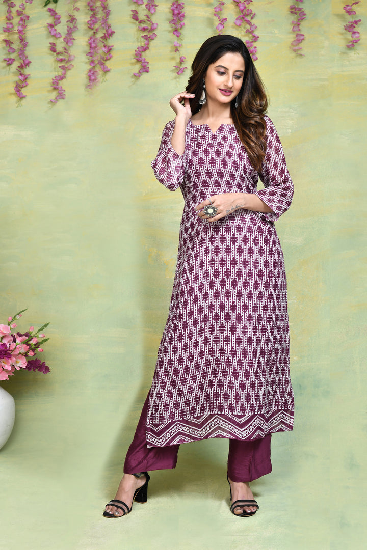 Linen handblock printed straight kurta & bottom set