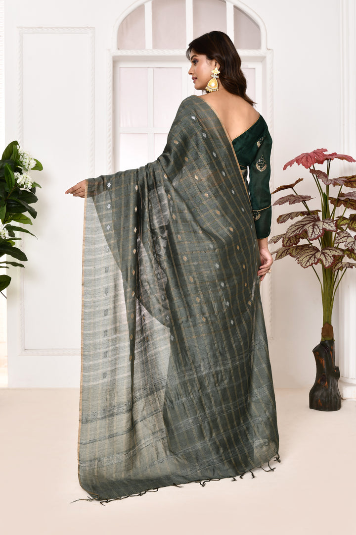 Munga silk golden stripes saree with handblock printed blouse