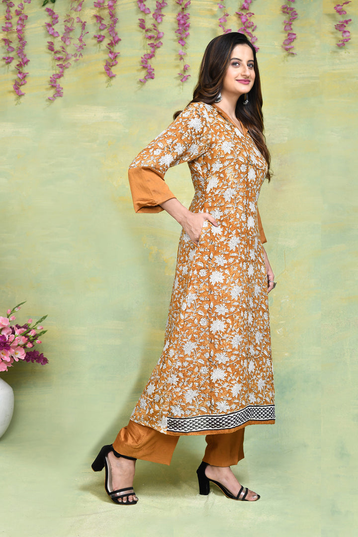 Linen handblock printed straight kurta & bottom set