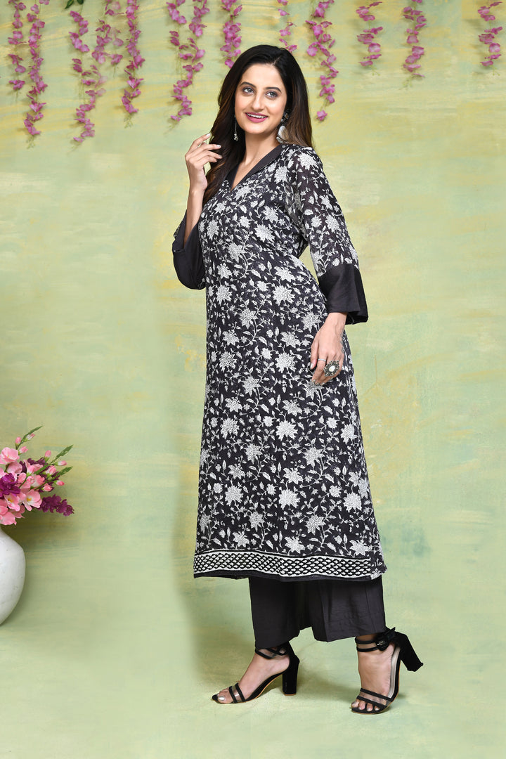 Linen handblock printed straight kurta & bottom set