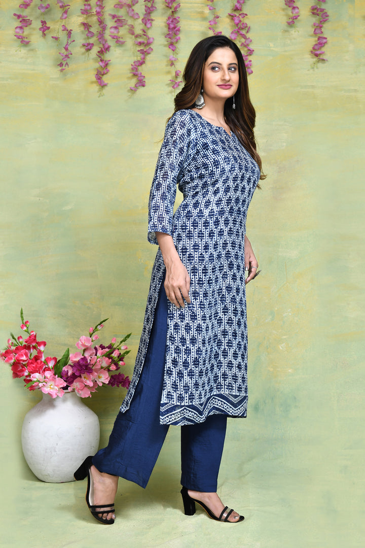 Linen handblock printed straight kurta & bottom set