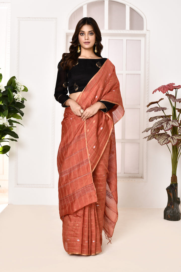 Munga silk golden stripes saree with handblock printed blouse