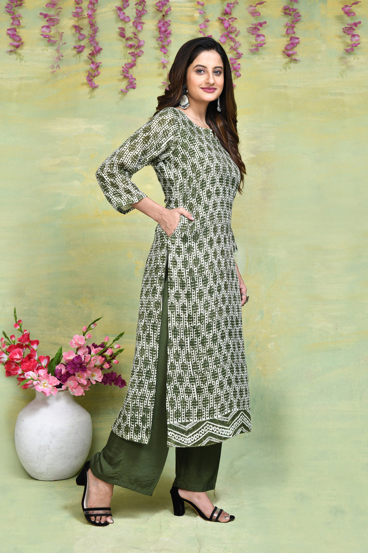 Linen handblock printed straight kurta & bottom set