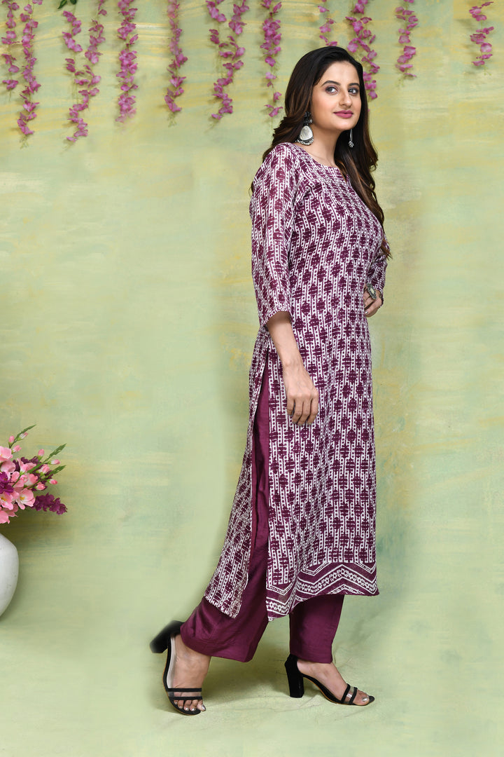 Linen handblock printed straight kurta & bottom set