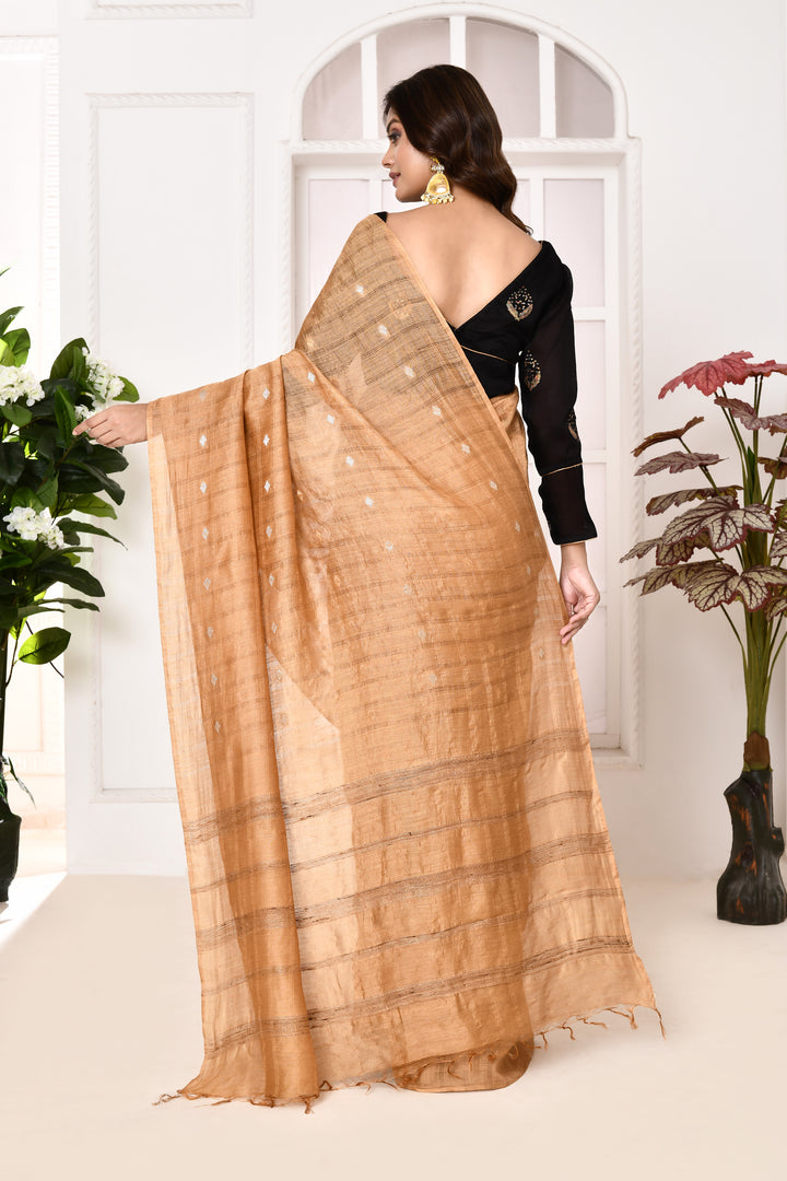 Munga silk golden stripes saree with handblock printed blouse