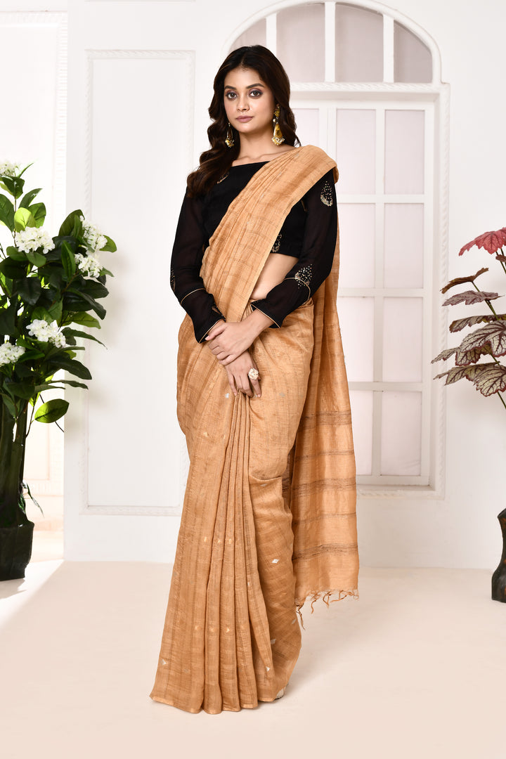 Munga silk golden stripes saree with handblock printed blouse