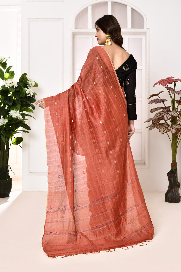 Munga silk golden stripes saree with handblock printed blouse