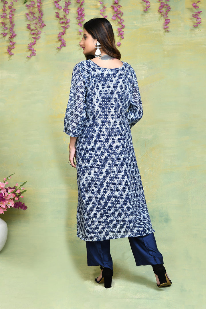 Linen handblock printed straight kurta & bottom set