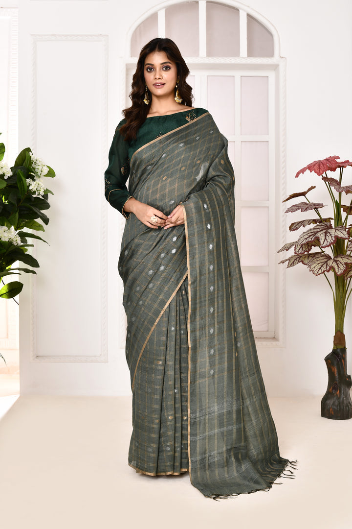 Munga silk golden stripes saree with handblock printed blouse