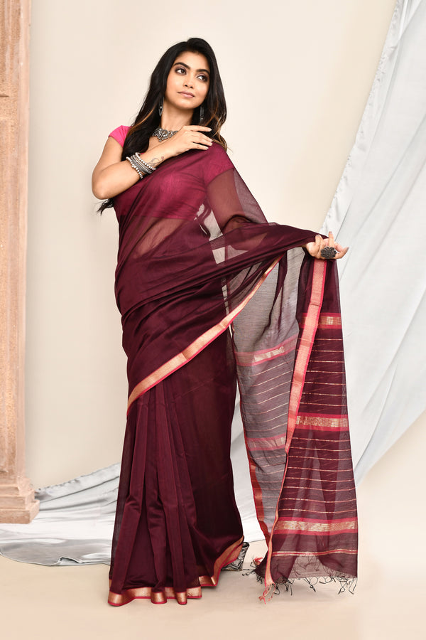 Plain Maheshwari pure handloom saree with rose gold woven border and rose gold & dark pink stripes in pallu