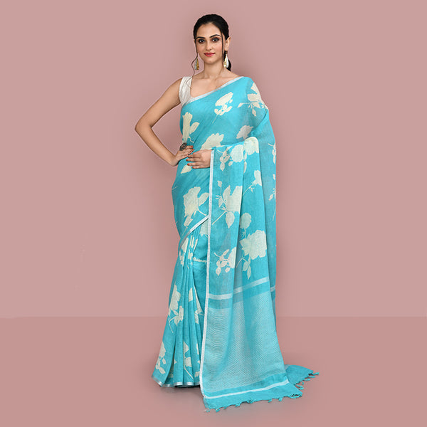 Printed linen cotton saree zari border with blouse piece