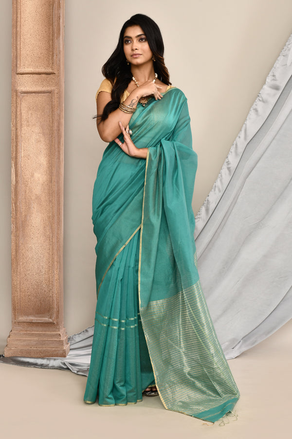 Maheshwari pure handloom saree with golden stripes pallu and thin golden zari border