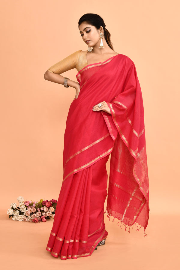 Plain Maheshwari pure handloom double border small checks saree