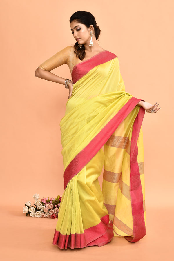 Plain Maheshwari pure handloom saree with contrast dark pink resham border