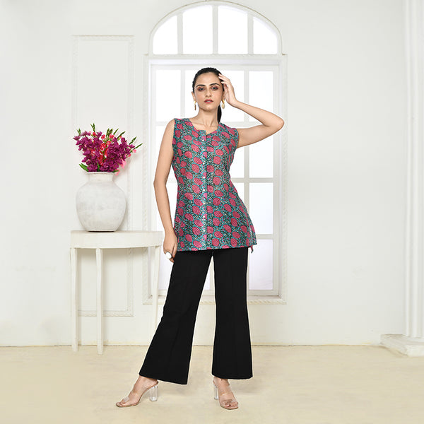 Pure chanderi hand block printed sleeveless top