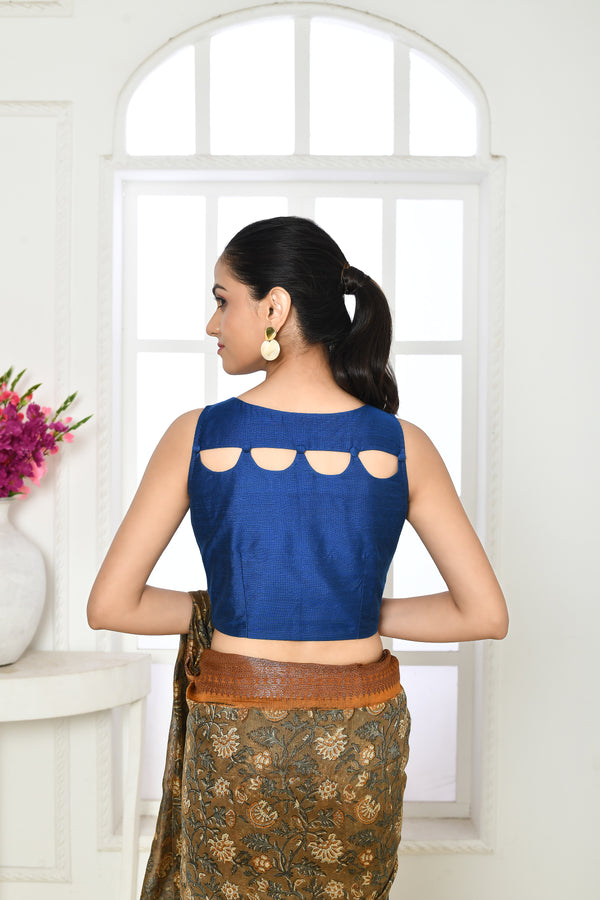 Royal blue pure raw silk sleeveless blouse with boat neck and pattern in the back