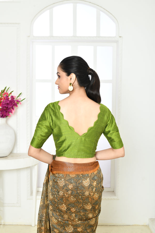 Olive Green pure raw silk designer blouse with scallop V neck and back design