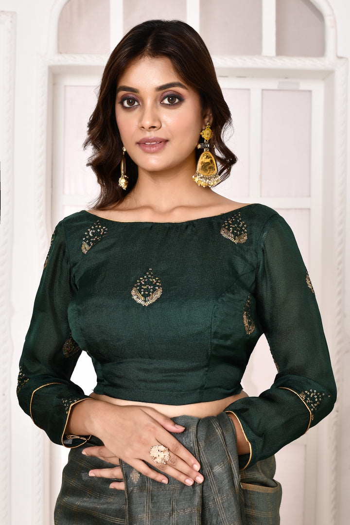 Jute upada blouse with three-fourth sleeves and golden sequin embroidery