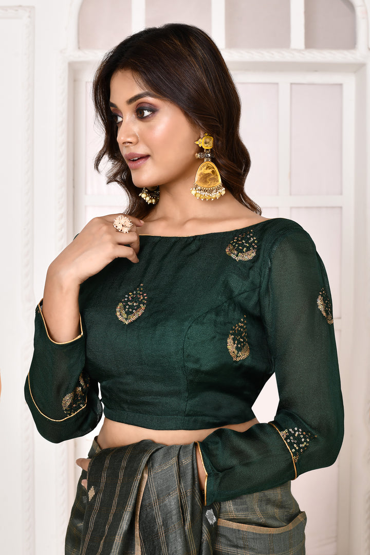 Jute upada blouse with three-fourth sleeves and golden sequin embroidery