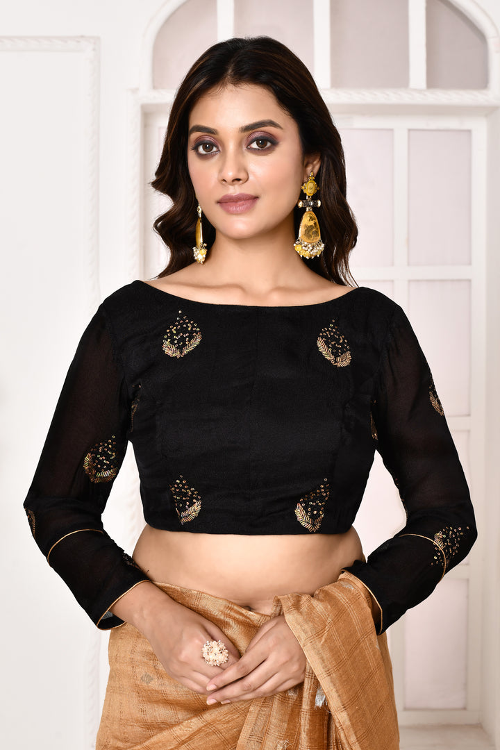 Jute upada blouse with three-fourth sleeves and golden sequin embroidery