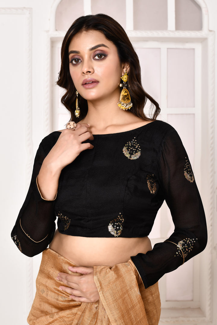 Jute upada blouse with three-fourth sleeves and golden sequin embroidery