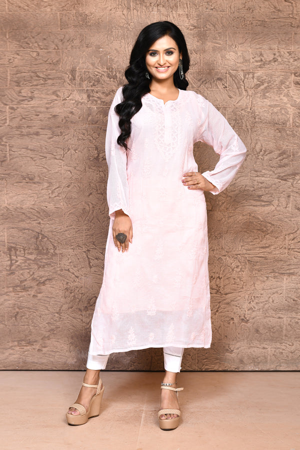 Dark peach pure Kota Chikankari Kurta with voil cotton lining