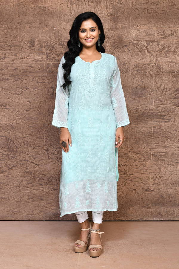 Light blue pure Kota Chikankari Kurta with voil cotton lining