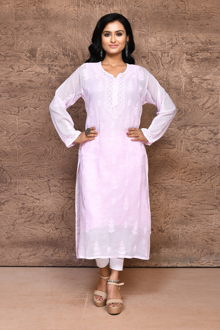 Baby pink pure Kota Chikankari Kurta with voil cotton lining