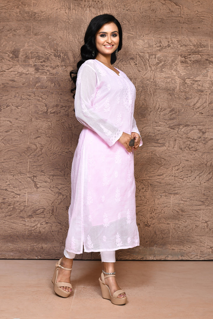 Baby pink pure Kota Chikankari Kurta with voil cotton lining