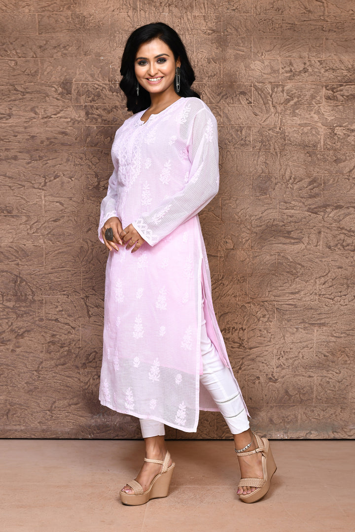 Baby pink pure Kota Chikankari Kurta with voil cotton lining