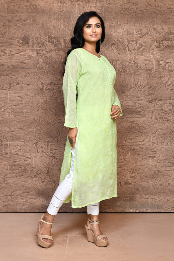 Light green pure Kota Chikankari Kurta with voil cotton lining