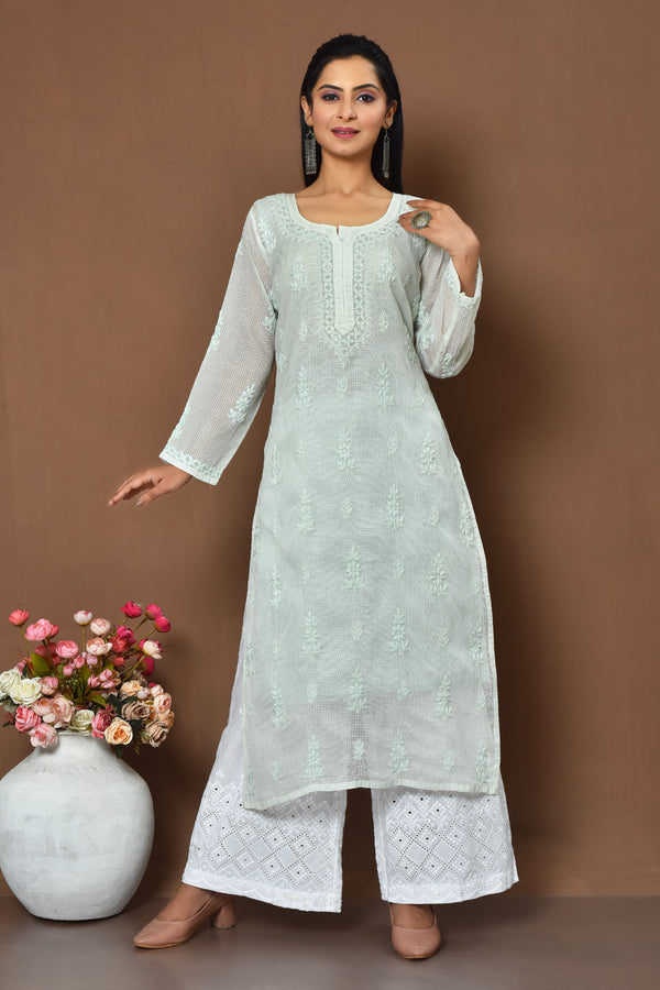 Light pista green pure Kota Chikankari Kurta with voil cotton lining