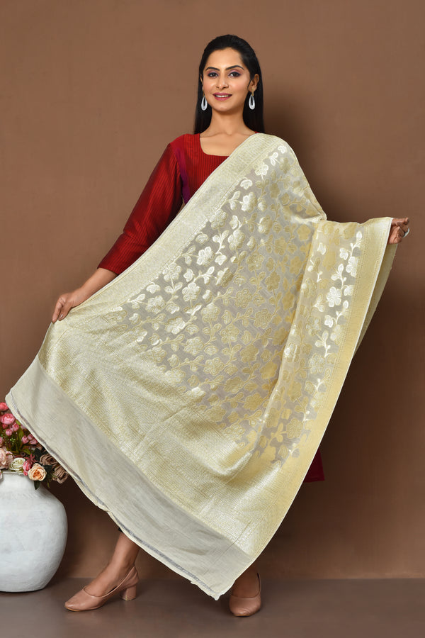 Golden pure munga silk handloom dupatta with banarasi weaving