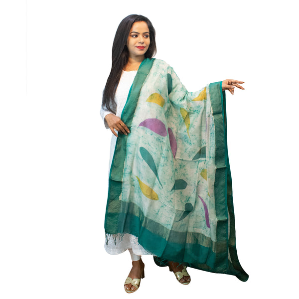 Bottle green Pure Maheshwari Dupatta with Hand Block Print