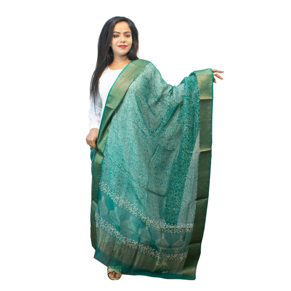 Blue Maheshwari printed dupatta with golden border